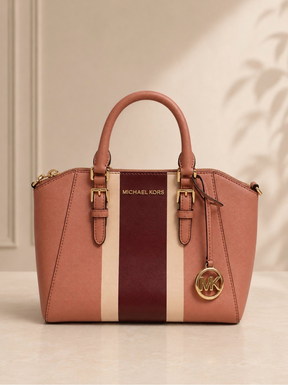 Michael Kors Pink Leather Top-Handle Satchel with Stripe